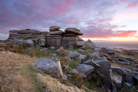 Pink clouds at sunset over North Hessary Tor, Dartmoor